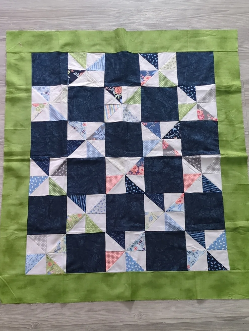 Handmade Unfinished Quilt Top UFO Blue Green Pinwheel Patchwork 41 x 35.5